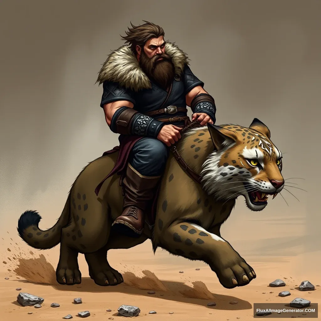 1. **Main Character**: The main character is a stout, rugged warrior, showcasing a strong build and a determined expression. His hair is tousled and slightly unkempt, suggesting a life of adventure. His face bears the marks of experience, with a few scars and a thick beard framing his jawline, adding to his formidable presence.

2. **Action**: He is seated upright on a massive, muscular cat that is mid-stride, suggesting speed and agility. His body is angled slightly forward, as if urging the creature on. His gaze is fixed ahead, focused and intense, scanning the terrain for any sign of danger or opportunity.

3. **Attire**: He is dressed in a dark, leather tunic adorned with intricate silver patterns that signify his status as a seasoned warrior. A heavy fur collar rests around his neck, providing warmth against the cool air. His pants are sturdy and fitted, tucked into rugged leather boots that are well-worn but functional.

4. **Surroundings**: The ground beneath them is a mix of dirt and scattered stones, with tufts of grass peeking through. A few ancient, weathered weapons lie abandoned nearby, hinting at past battles. The air is thick with the scent of earth and a distant hint of pine.

5. **Background**: Towering rocky cliffs rise dramatically in the backdrop, partially shrouded in mist. The sky is overcast, with heavy clouds swirling ominously, casting a muted light over the landscape. Small patches of green vegetation cling to the rocky outcrops, adding a touch of life against the harsh terrain.

6. **Art Style**: The art style is hyper-realistic, with meticulous attention to detail in the textures of the character's clothing and the fur of the cat. The colors are rich and vibrant, enhancing the dramatic atmosphere, while the shadows and highlights create depth and dimension.

7. **Ambience**: The ambience is tense and adventurous, filled with the sounds of rustling leaves and distant animal calls. A cool breeze stirs the air, carrying the earthy scent of the ground. There’s a palpable sense of anticipation, as if something significant is about to unfold in this wild, untamed environment. - Image