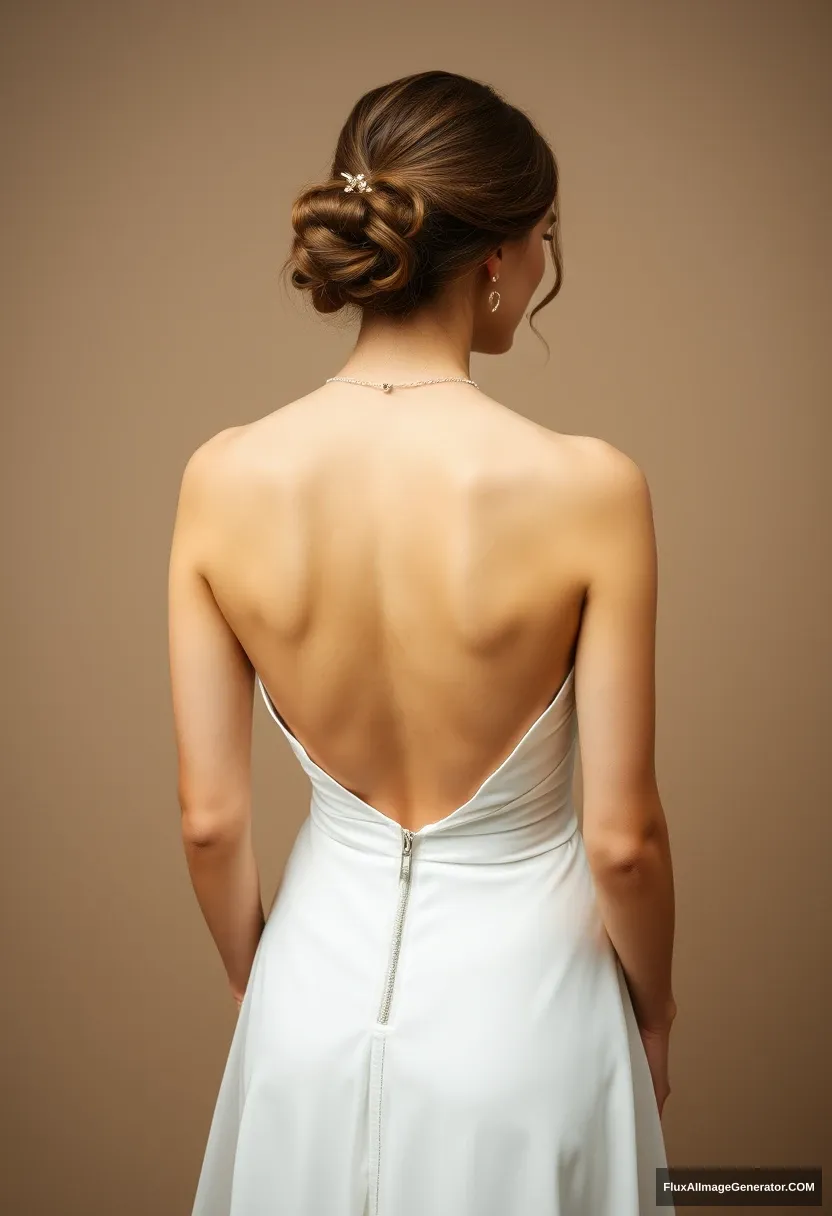 a young woman, sensitive, delicate, ashamed, backless strapless wedding dress - Image