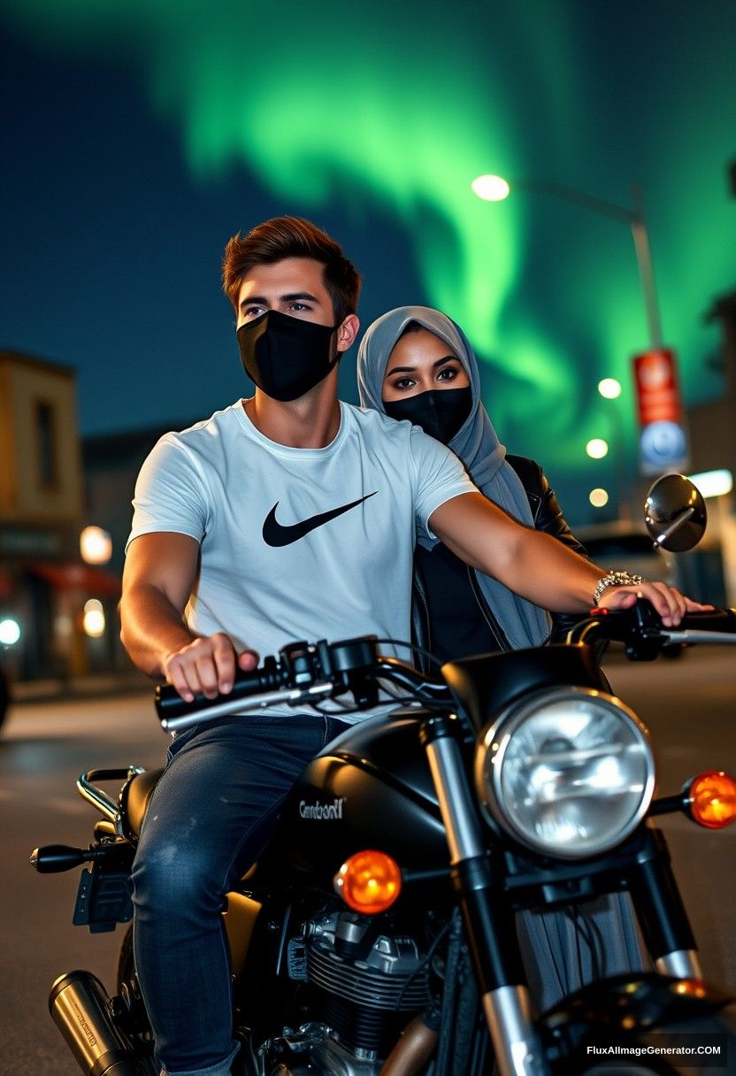 Jamie Dornan, tall and young, wearing a black face mask, a white Nike t-shirt, and jeans, is riding a motorcycle. He is dating a beautiful Muslim girl in a grey hijab with striking eyes, who is also wearing a black face mask, a leather jacket, and a very long and wide skirt. She is not tall. They ride the motorcycle together in town, captured in photorealistic street photography, under a night scene with the aurora borealis. - Image