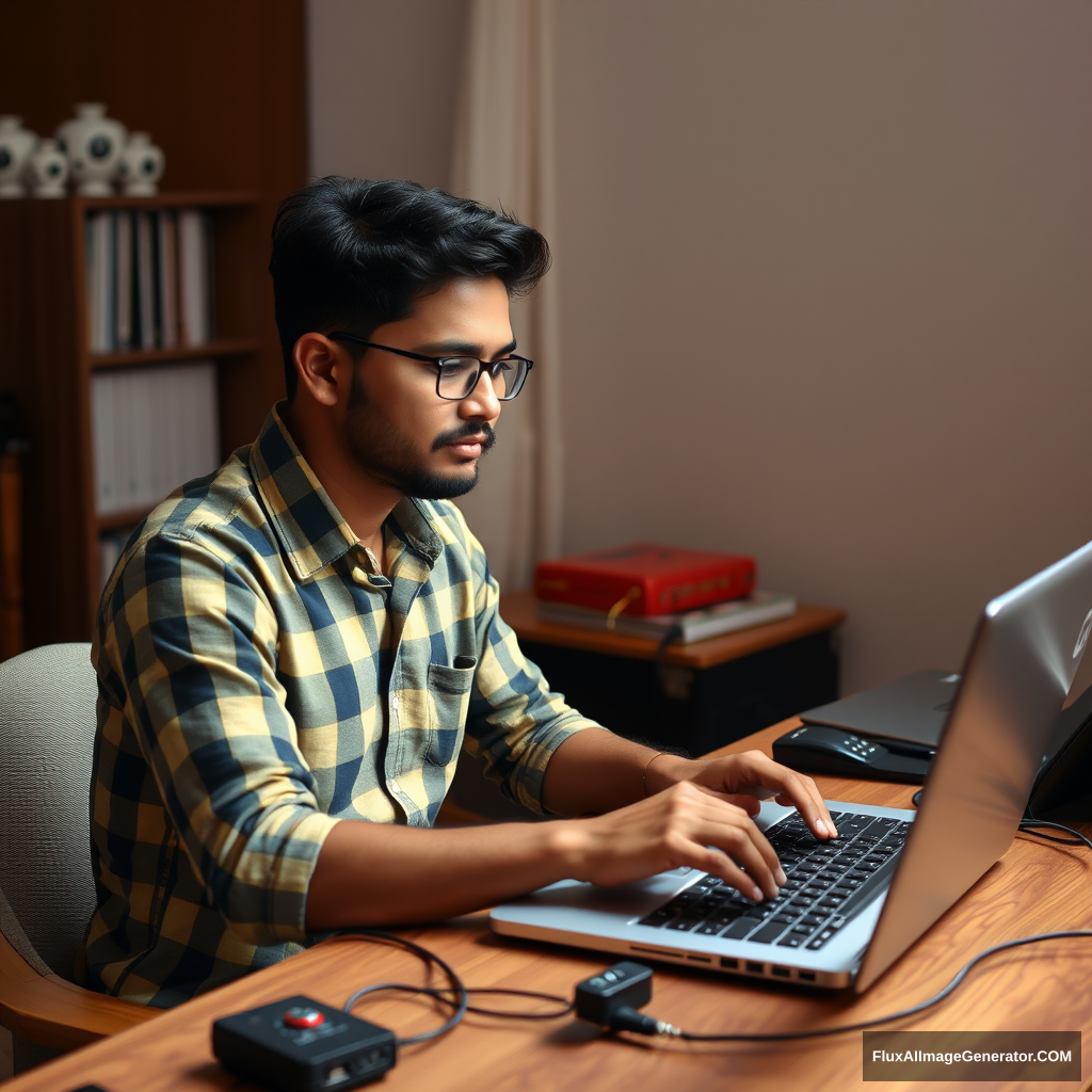 An Indian man working on his laptop, set up somewhat like a hacker. - Image