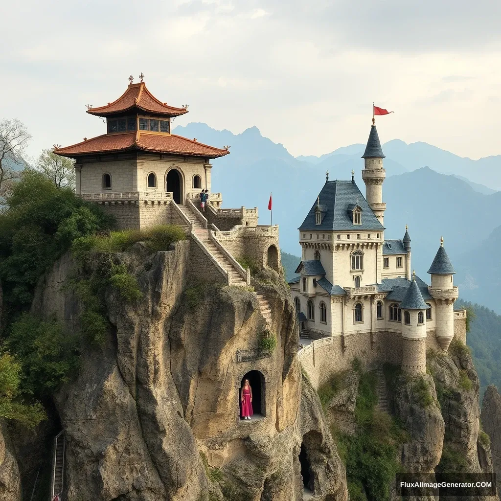 There is a Chinese ancient building under construction on the cliff, and halfway up the mountain there is a European classical castle with a beautiful girl inside. - Image