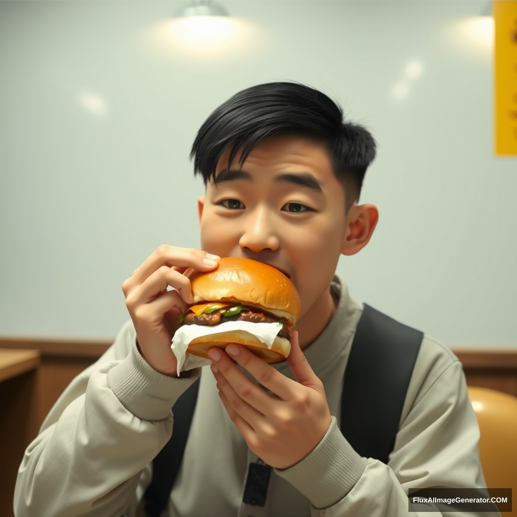 Yuan Qicong eats a hamburger.