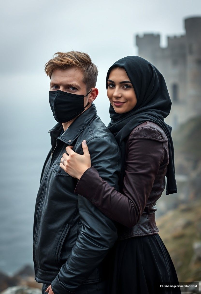 Jamie Dornan's head and body shot, handsome, youngest, black face mask, black leather jacket, dating, love hug with the biggest black hijab Muslim girl, not tall, beautiful eyes, face mask, maroon leather jacket, biggest black skirt, hyper realistic, studio photography, full body photo, exploring an abandoned castle, at sea, gloomy scenery. - Image