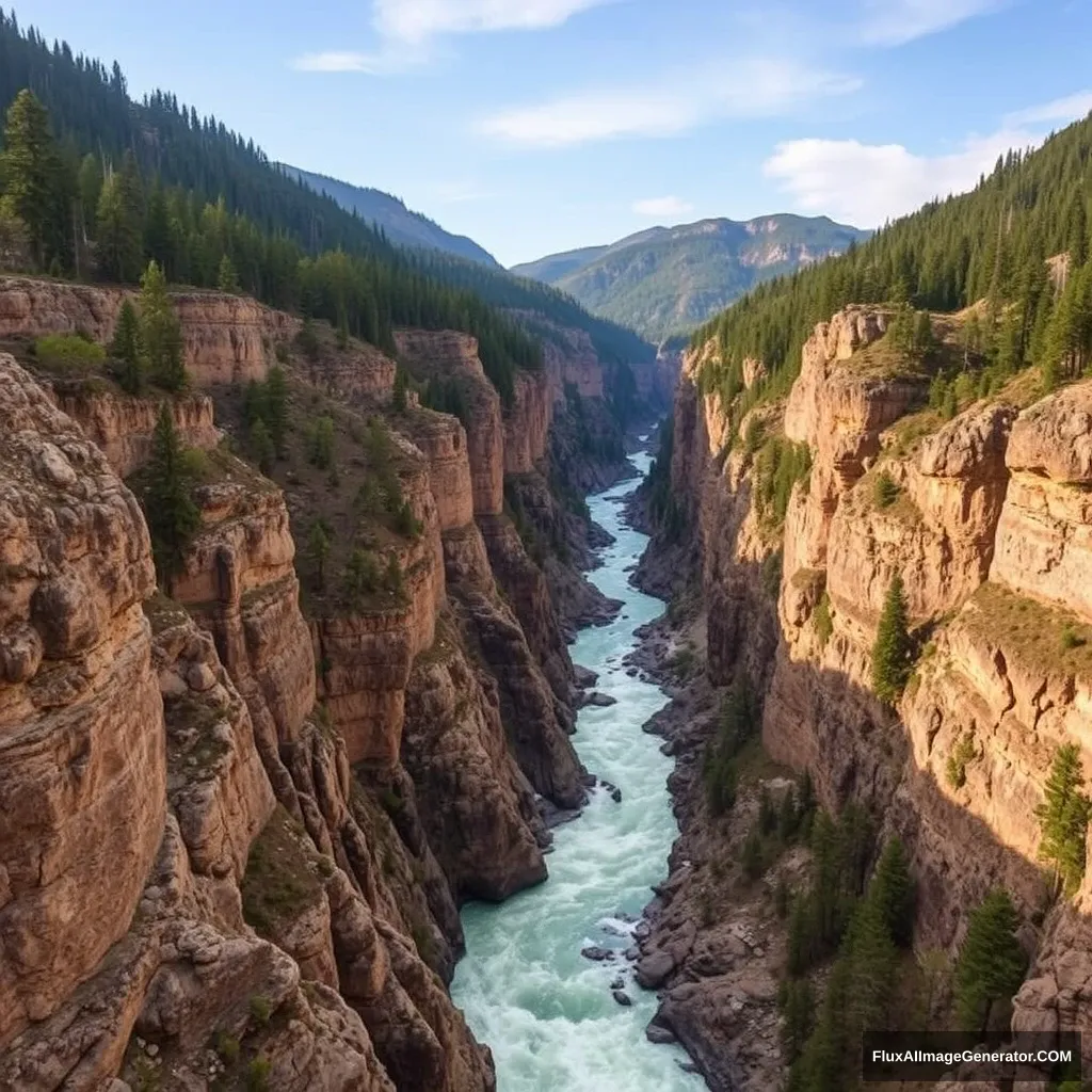 The rushing mountain torrents, the grand scenery parting, highlighting the depth of the canyon and the primitive forests on both sides.