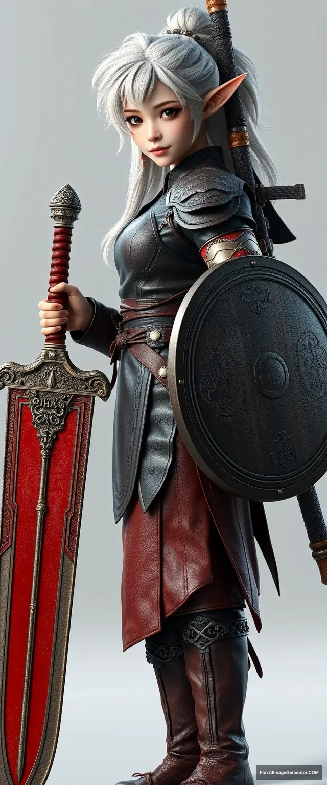 A gorgeous and elegant girl elf (with tousled platinum-colored hair and a silver hairpiece) is wearing leather armor (in a Korean traditional clothing style), with the skirt hemline at the back, and the pus on one side of the stain, red leather boots. She is holding a huge traditional Korean sword and a round shield (inscribed "KHAN"), in a hyper-realistic photo, created using Unreal Engine, captured in a front shot. - Image