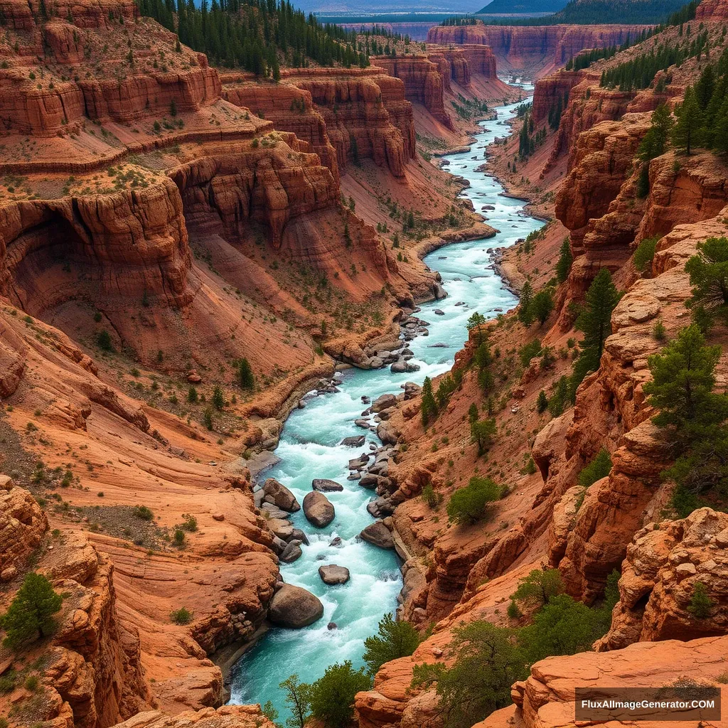 The rushing mountain torrents flow through the Grand Canyon, high mountains, primitive forests.