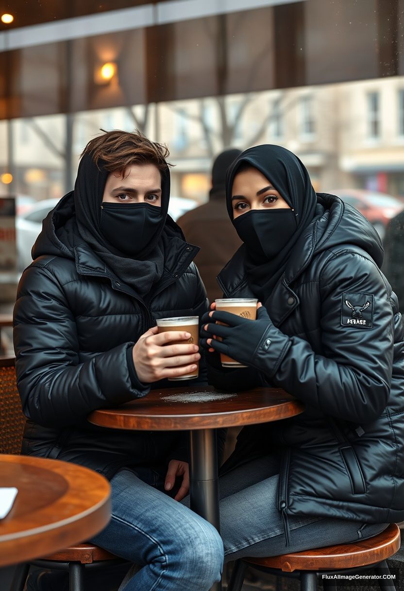 Jamie Dornan, handsome, young, wearing a black face mask, snow jacket, jeans, dating a beautiful Muslim girl in a big black hijab with beautiful eyes, also wearing a black face mask and a black leather jacket, in a winter scenery, sitting in a café near a glass window in town, with 2 cups of hot chocolate, on a gloomy day, photorealistic, street photography.