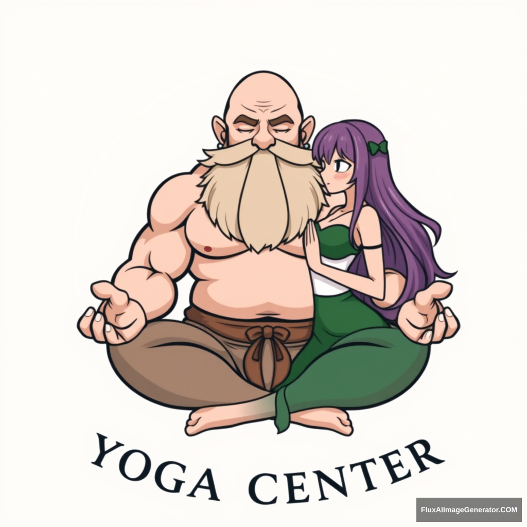 Yoga Center logo: a muscular large bald dwarf with a beard in the lotus position flirting with an anime woman.