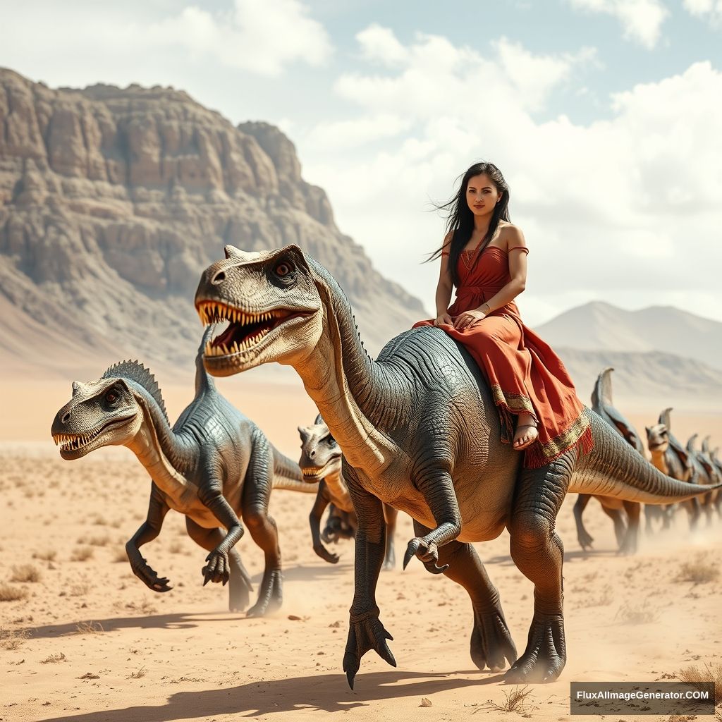 ancient Mongolian caravan of Velociraptors walking through the Mongolian Gobi Desert, ahead of the caravan is a beautiful young woman riding a Dinosaur T-rex, location Mongolia, realistic photo, 4K.