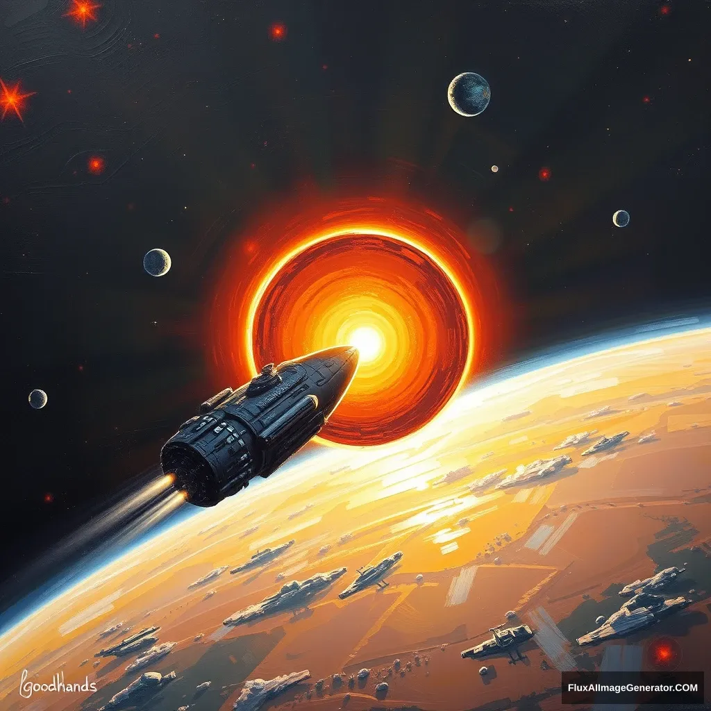 oil painting, oil painting with brushstrokes, masterpiece, best quality, a spaceship around Mercury planet, looking at behind sun, <lora:goodhands_Beta_Gtonero:0.7>, ultra detail, 8K, sharp detailed - Image