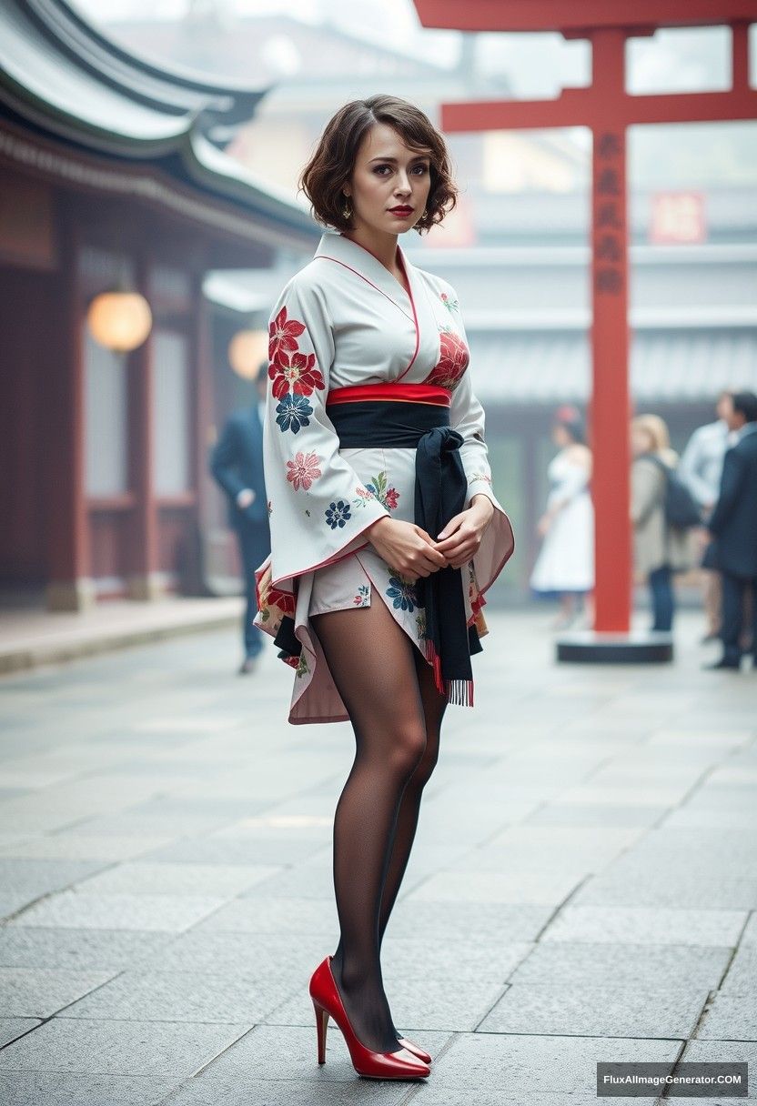 Ellen Page is standing in a geisha outfit in the character environment, short curly hair, pantyhose, stiletto pumps.