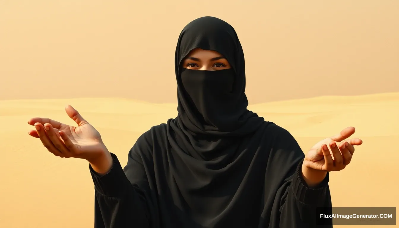 Woman alone, in the desert, palms covered by black cloth, wearing long niqab, neck covered by perfect hijab. realistic, full body, oil painting.