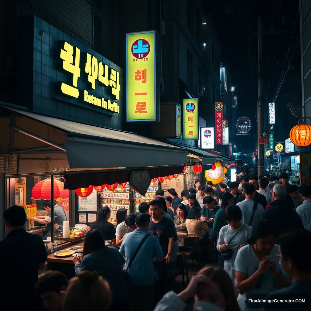 A crowded restaurant in Seoul, nighttime, expert photo. - Image