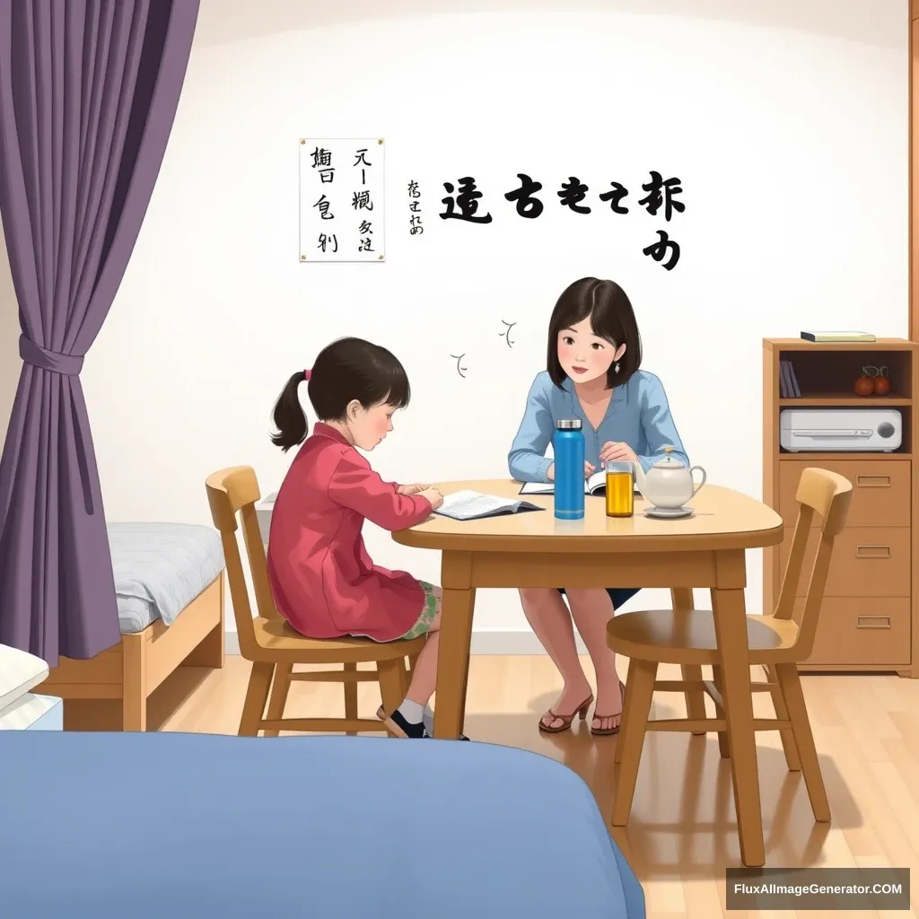 In the room, there is a bed, a table and chairs, a female tutor helping a little girl with her homework, a thermos and a teapot, and there are Chinese characters or Japanese. - Image