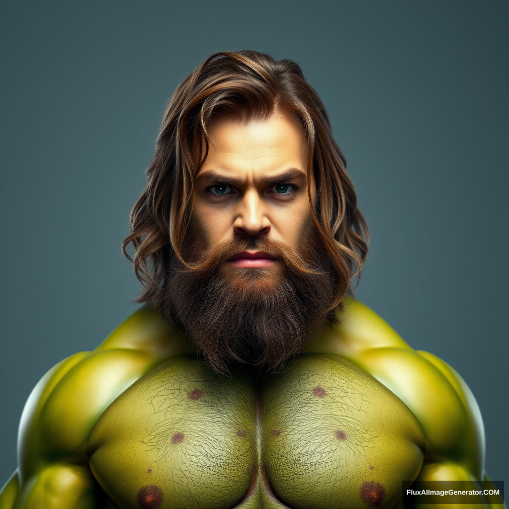 Full body picture of a long brown-haired, short-bearded guy as the HULK with a hairy chest. - Image