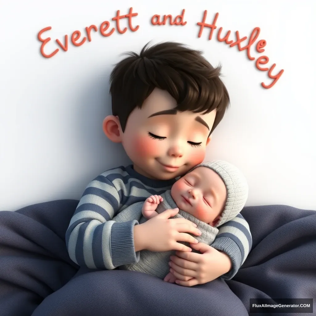 A 2 and a half year old boy cuddling his newborn baby brother. Above them float their names "Everett and Huxley". Pixar style, highly detailed 3d. - Image