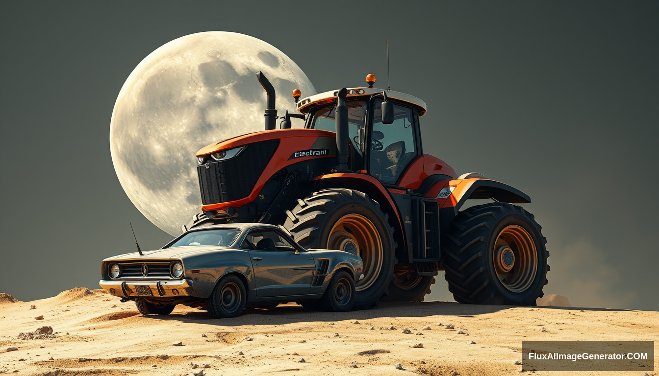 futuristic farm tractor, on the moon, crushing a car, 4k, detailed.