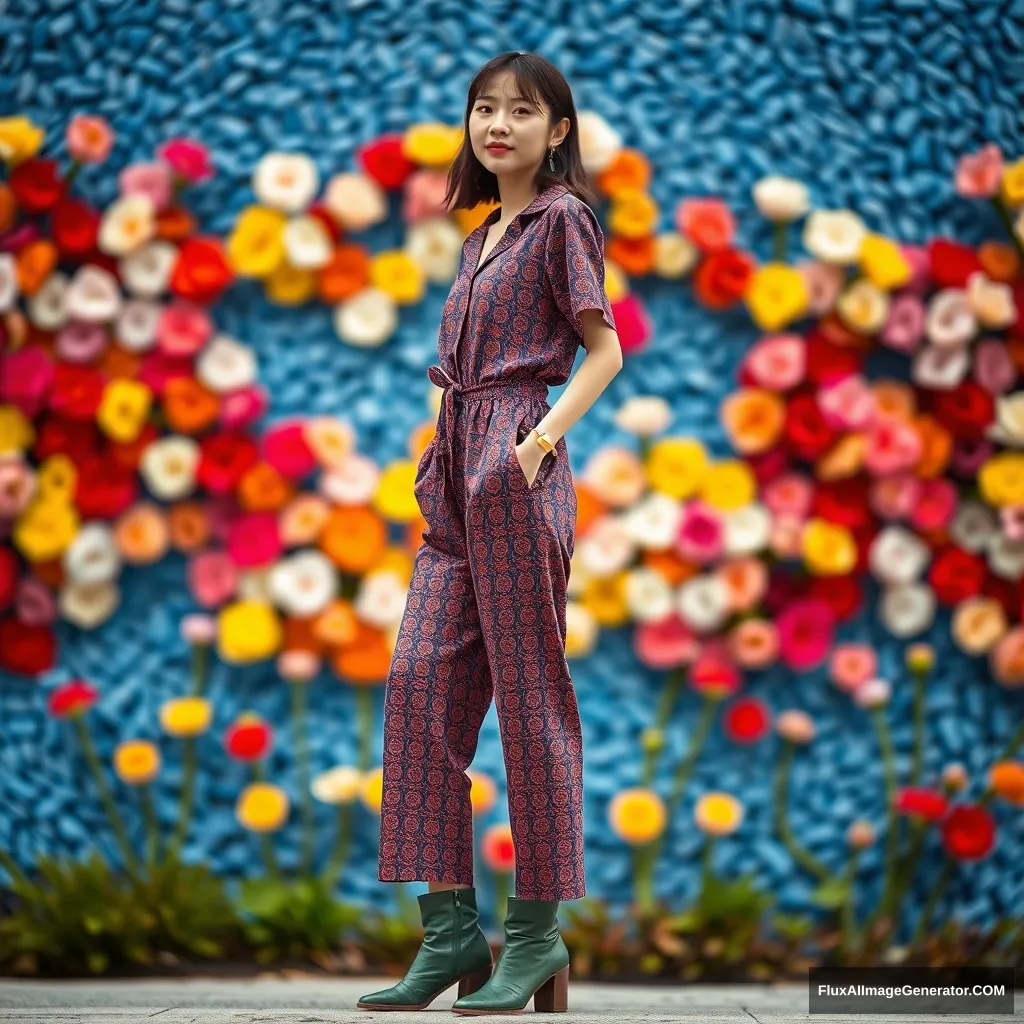 A Korean female fashion model is wearing a jumpsuit styled one-piece (colorful patterned based on blue), greenish leather fashion boots, with a colorful flower wall (defocused) in the background.