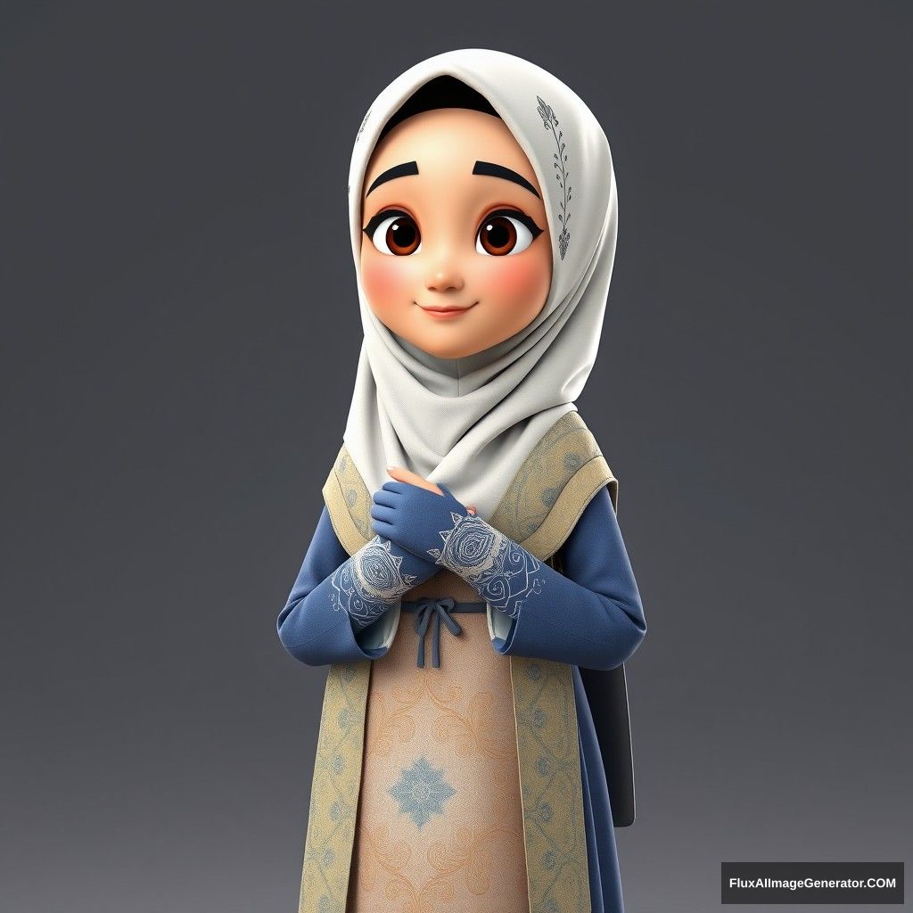 A 3D, 8k animated cartoon depiction of a Muslim woman from Palembang, wearing a traditional long songket and a long gown (gamis). She is adorned with a hijab that covers her chest and wears batik gloves covering her hands.