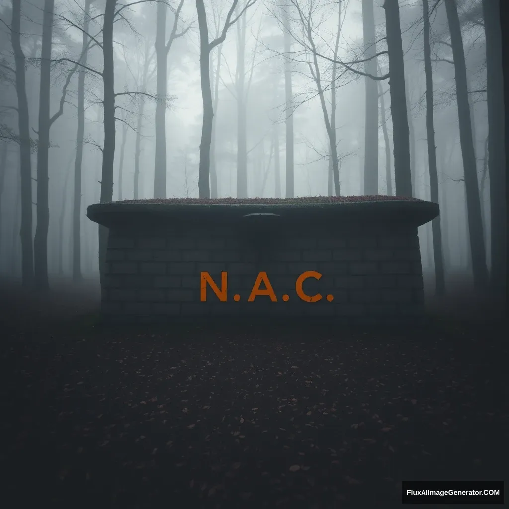 bunker with black and orange inscription N.A.C. in the forest, in the fog