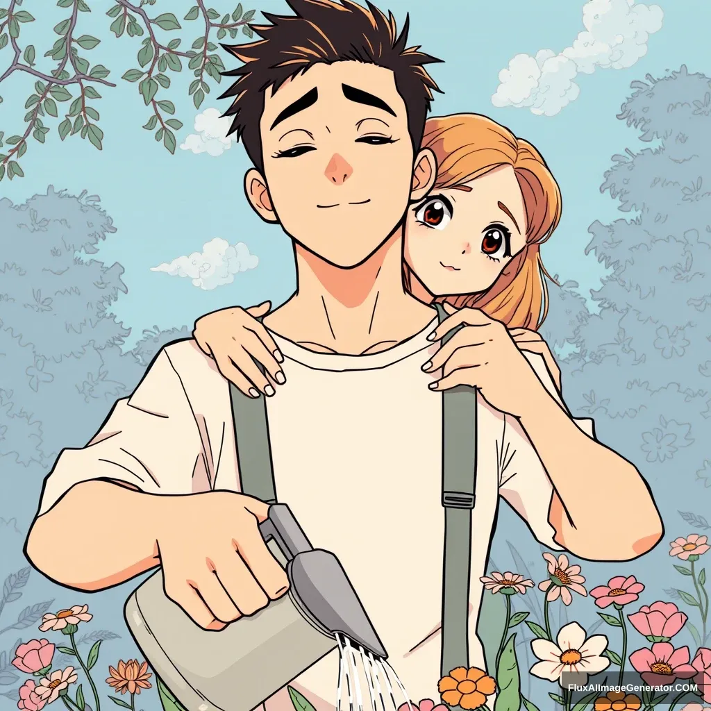 Anime lineart, front view of a handsome tall boy watering the flowers, while a young woman standing behind him puts both hands on his shoulders, tilting her head and looking curious.