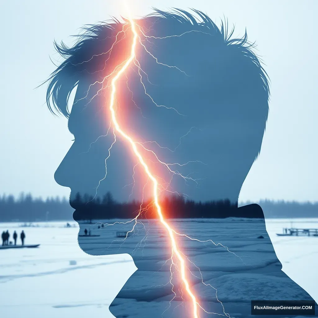 "[Abstract style of lightning from top to bottom, in a snowy and icy setting] within the outline of a [man's] head, this is a double exposure photo. Non-figurative, color and shape, emotional expression, imaginative, very detailed." - Image