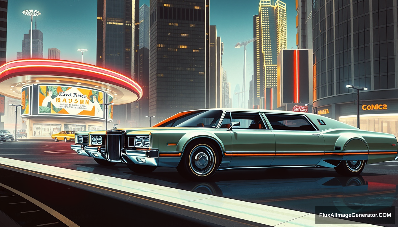 a 1970s futuristic limousine concept, as painted by Syd Mead, future city setting, 4k. - Image