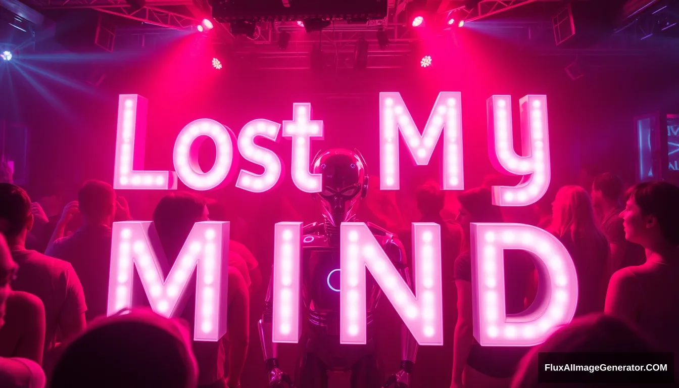 Lost my mind in the club, people dancing, glowing 3D text saying "Lost My Mind", Robot DJ Technosapien. - Image