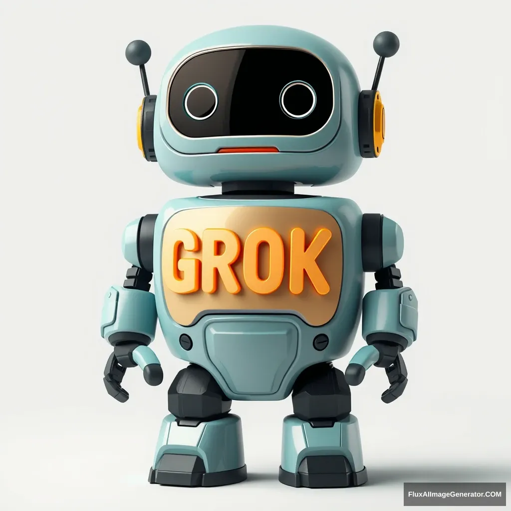 a cute baby robot with four big letters "GROK" on its chest