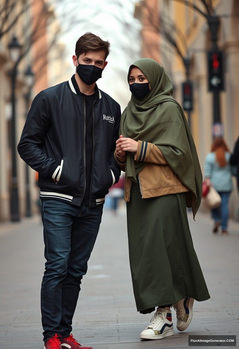 Jamie Dornan, young, black face mask, capital A collage jacket, jeans, red sneakers, dating romantically with a beautiful Muslim girl in a large army green hijab, beautiful eyes, black face mask, college jacket, longest skirt, high-topped sneakers, not a tall girl, photorealistic realism, street photography, full photography. - Image