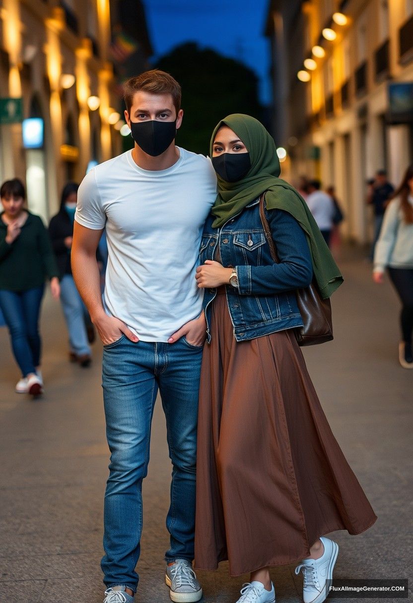 Jamie Dornan, handsome, black face mask, white t-shirt, jeans, sneakers, dating romantically with an army green hijab-wearing Muslim girl, beautiful eyes, black face mask, denim jacket, longest skirt, not a tall girl, photorealistic, street photography, full photography, selfie photos.