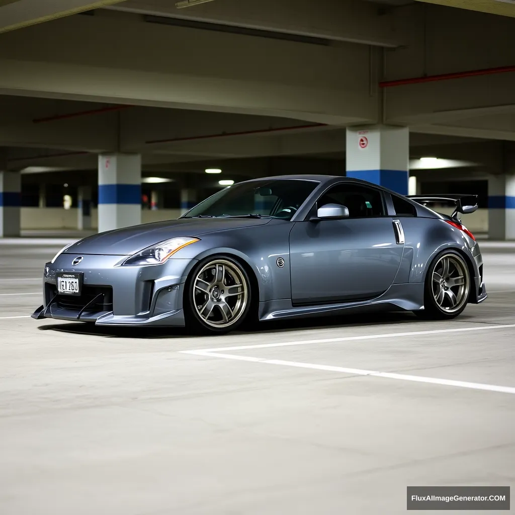 Nissan 350z in grey with Japan Racing JR21 rims at nighttime in a parking garage. The body kit is still the original; the only changes are the rims. No spoiler, no extra flaps, just original.