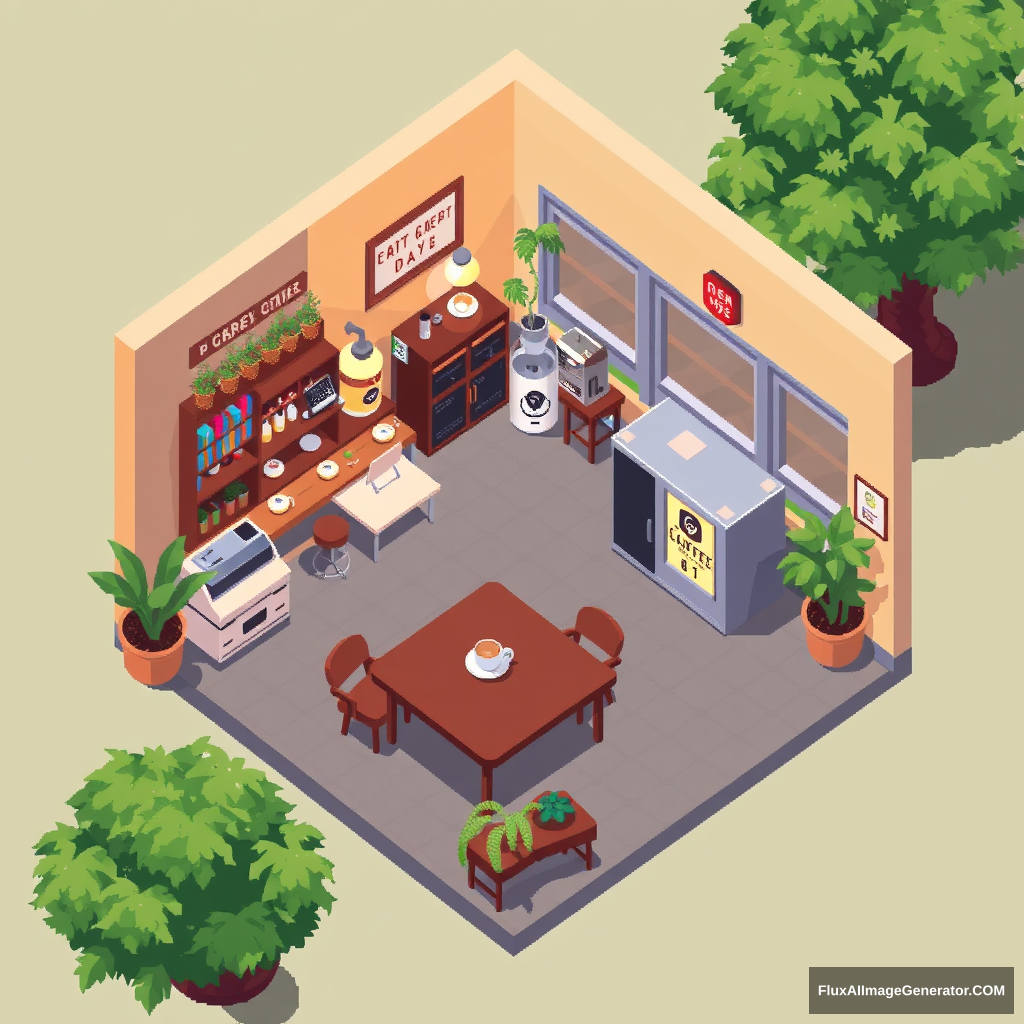 top-down pixel art isometric coffee shop