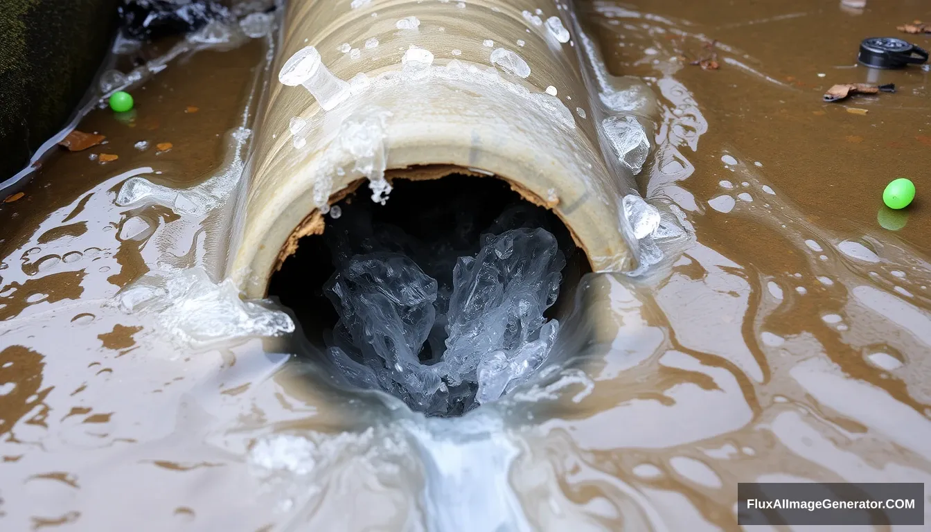 "The middle section of the water pipe has cracked, and a large amount of water is gushing out." - Image