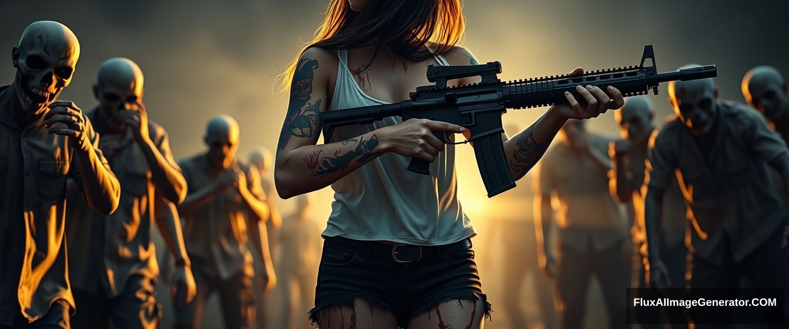 Portrait of a sexy woman in a white vest and black shorts, with lots of gypsy style and skull pattern tattoos on her arms, arm skin scratched, splashed blood on both arms and legs, holding an AR-15 rifle with both hands, aiming, surrounded by scary zombies in different clothes, golden hour lighting, ray tracing, global illumination, 4K.