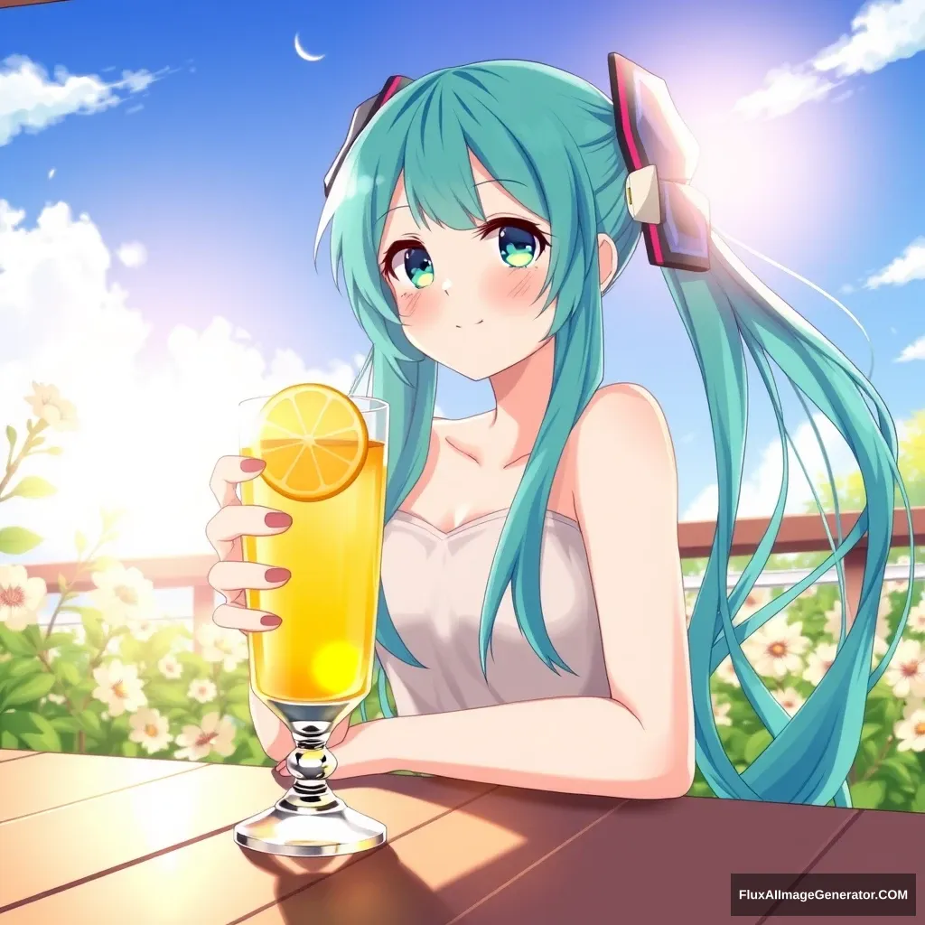 Hatsune Miku sitting at a sunny table, holding a glass of lemon tea with a slice of lemon on the rim. She has a cheerful expression, her turquoise hair flowing gently in the breeze, and the sunlight casting a warm glow around her. The background features blooming flowers and a clear blue sky, enhancing the serene atmosphere. - Image