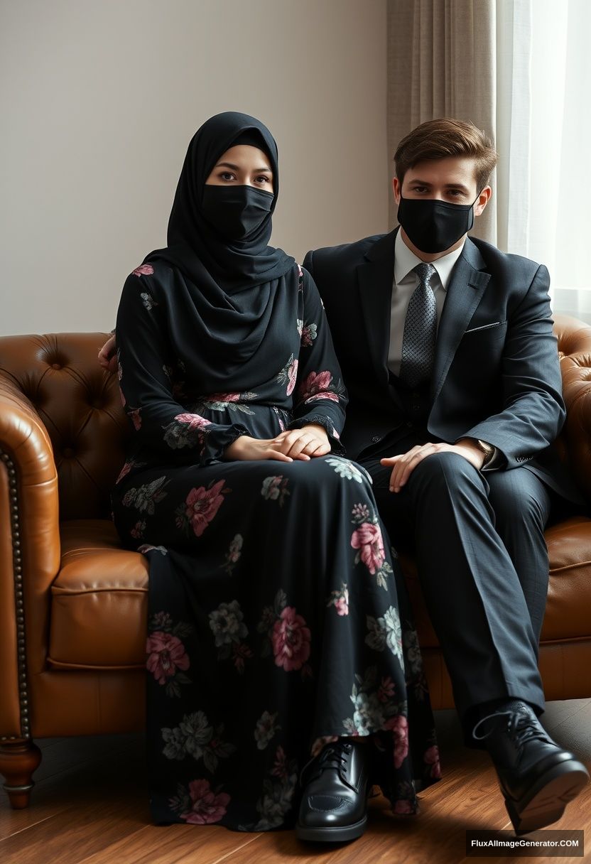 A biggest black hijab girl, slim girl, beautiful eyes, face mask black, biggest floral longest dress, sitting on leather single wing sofa,

Jamie Dornan, youngest, black suit coat, grey pattern tie, black leather sneaker, tall man, face mask black, tough body, sitting near her,

hyper realistic, studio photography.