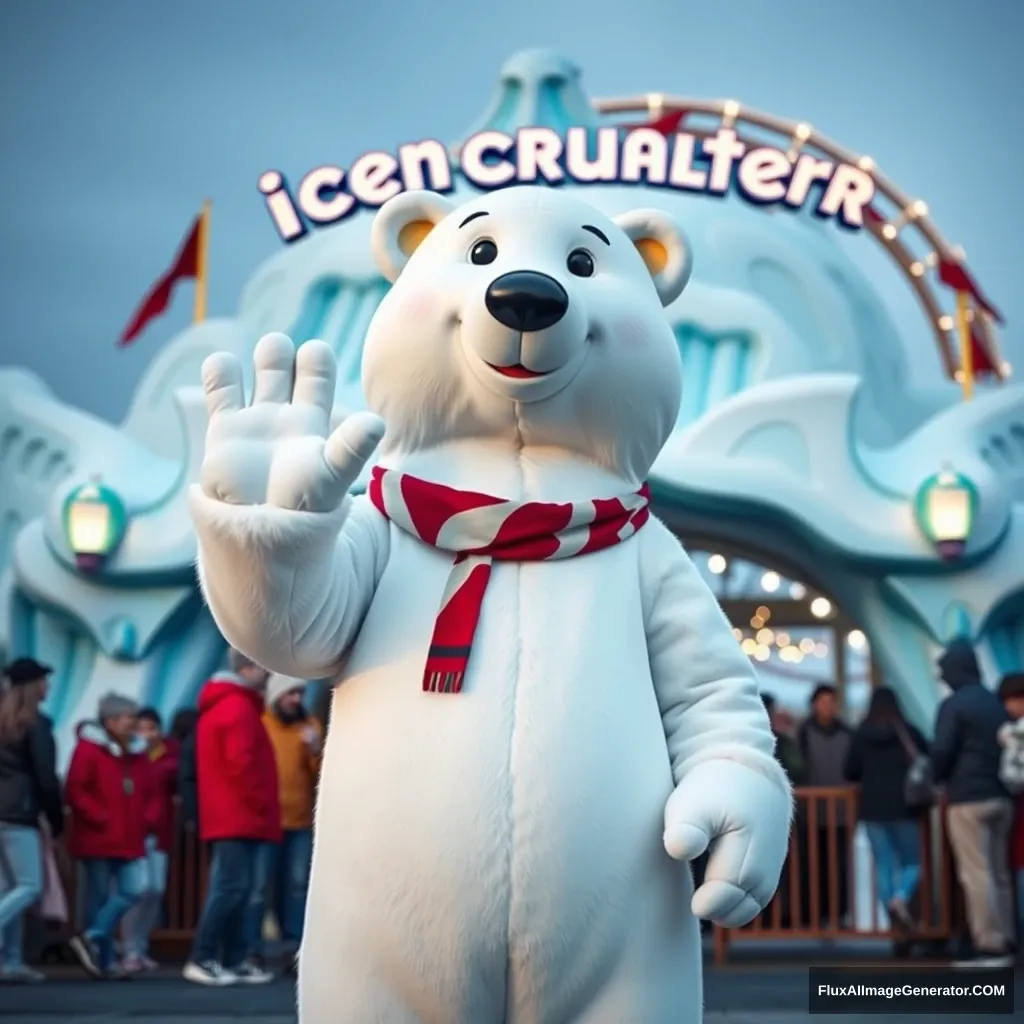 A full-body portrait of a realistic cartoon polar bear costume waving at the public, in front of an ice rollercoaster park entrance, with the roller coaster in the background.