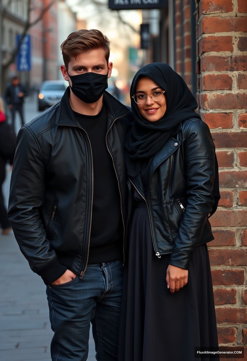 Jamie Dornan, handsome, young, black face mask, collage jacket, jeans, dating a beautiful Muslim girl wearing a black hijab with beautiful eyes, black face mask, black leather jacket, wearing a long skirt, standing against a brick wall, town, morning scenery, photorealistic, street photography.