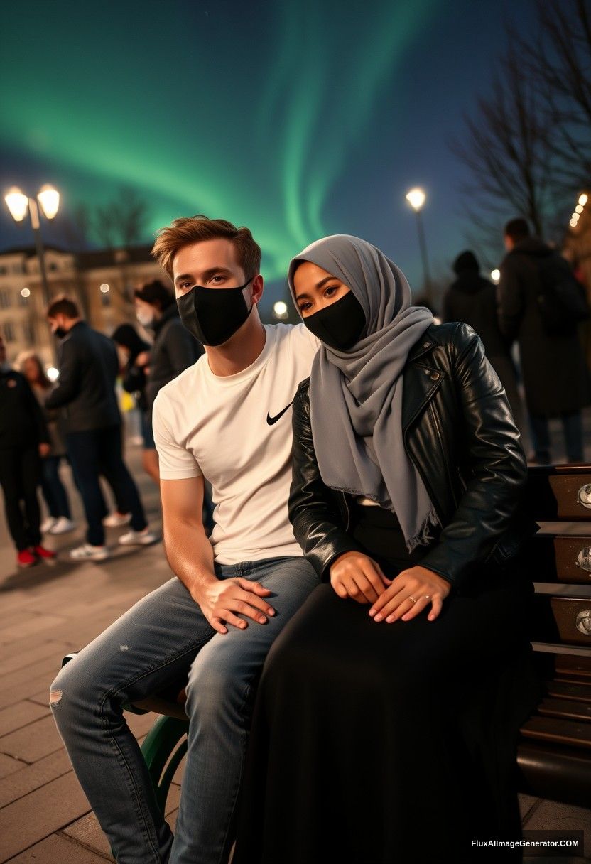 Jamie Dornan, tall, young, black face mask, white Nike t-shirt, jeans,

dating, romantic love with a grey hijab Muslim girl, beautiful eyes, black face mask, leather jacket, very long and wide skirt, not a tall girl,  

sitting romantically on a park bench together, laying on each other's shoulders, in town, strangers in the background, photorealistic, selfie photos, night scenery, aurora borealis.