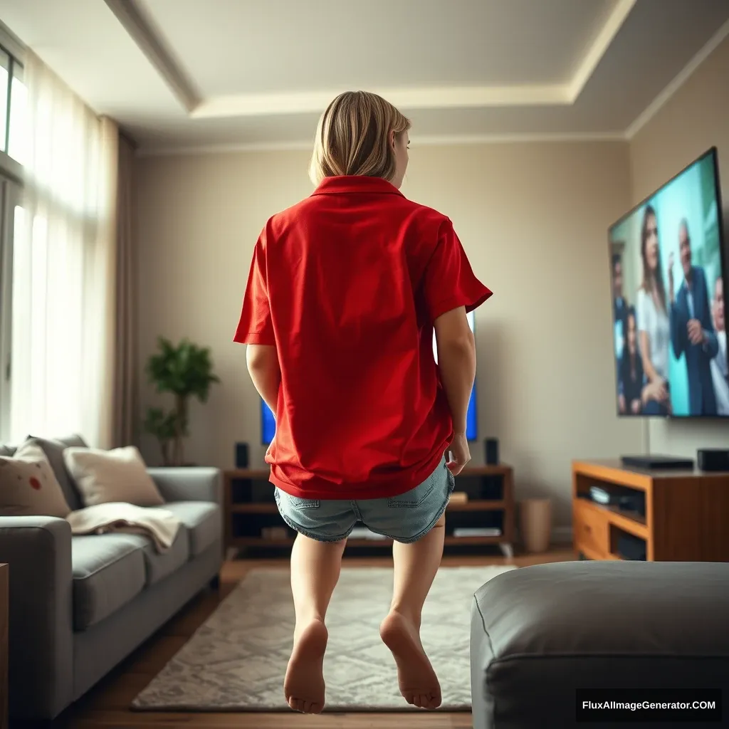 Back view of a young blonde skinny woman in her early twenties is in her massive living room wearing a massively oversized red polo t-shirt that is slightly off balance on one of the shoulders, with the bottom part tucked in. She is also wearing light blue denim shorts and no shoes or socks. She is facing her TV with a shocked expression and dives head first into the magical TV. - Image