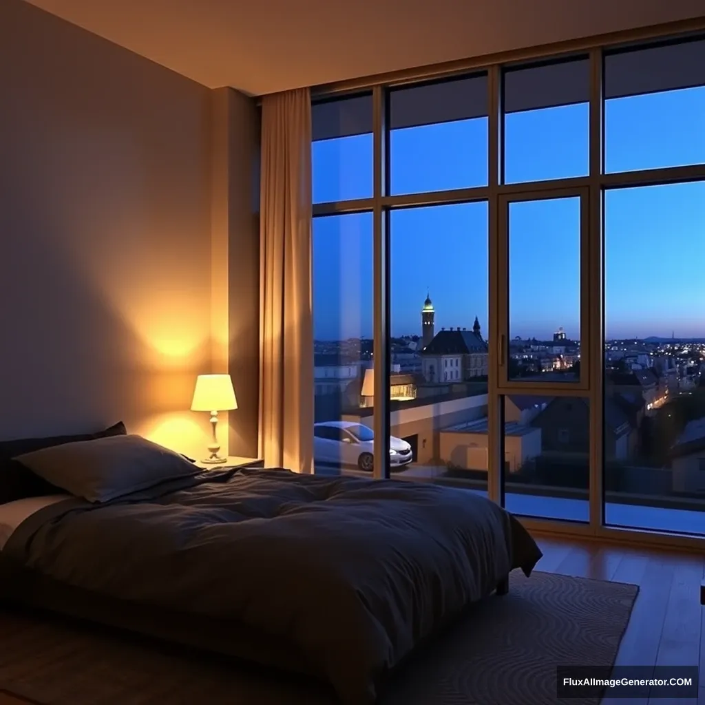 Modern bedroom apartment, big glass window, midnight in France, a study lamp lighting.