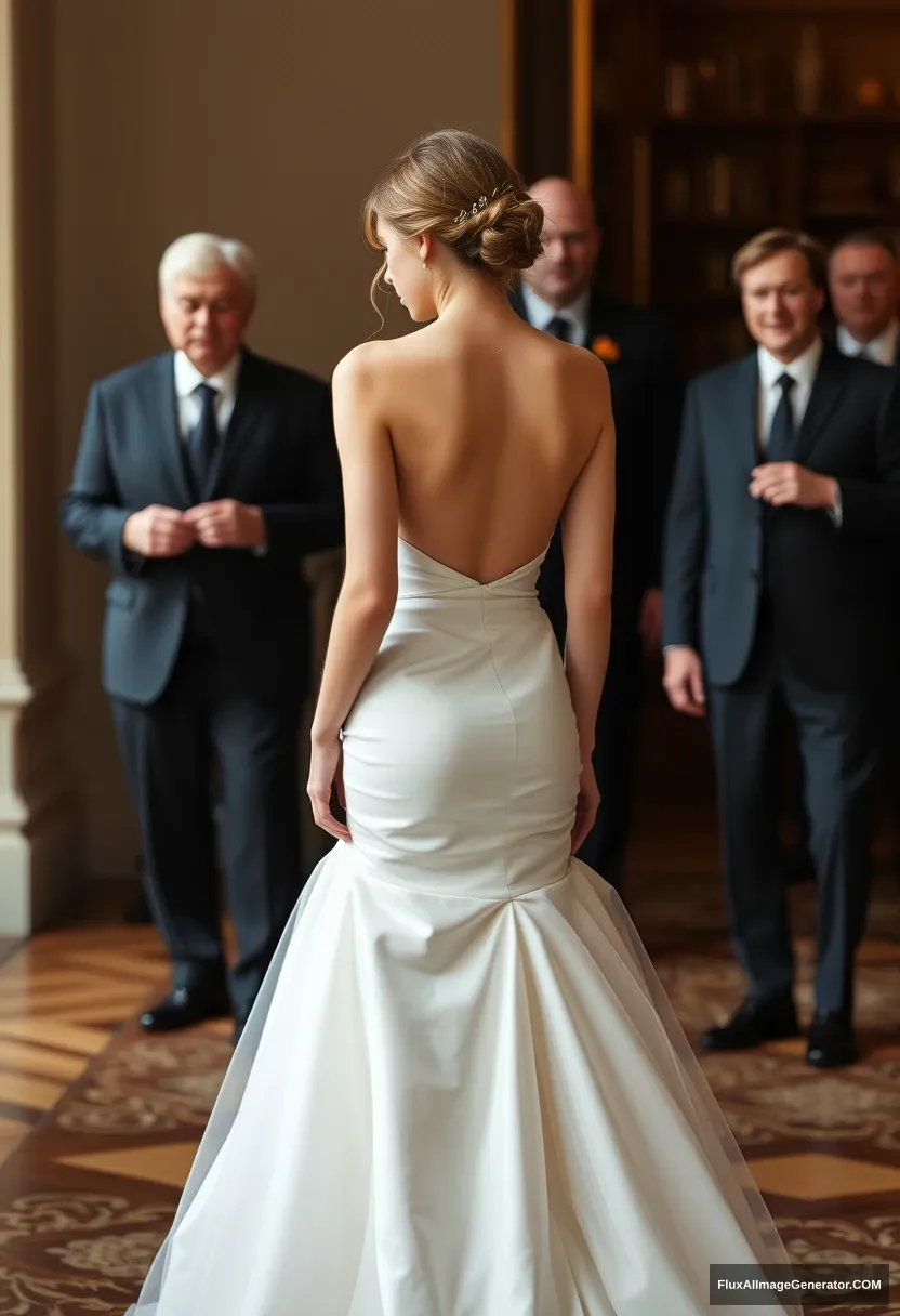 a short young woman, sensitive, delicate, backless strapless side-less low-waisted contouring wedding dress with a loose front and an undone rear. Mingling with fathers. Expectations. Perfect posture. Pale skin. - Image