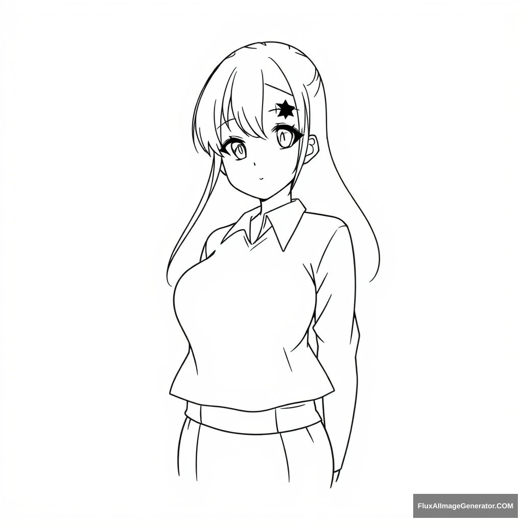 Simple line art of the character for drawing. Anime girl. Very full-figured. Looking professional. Simple eyes.