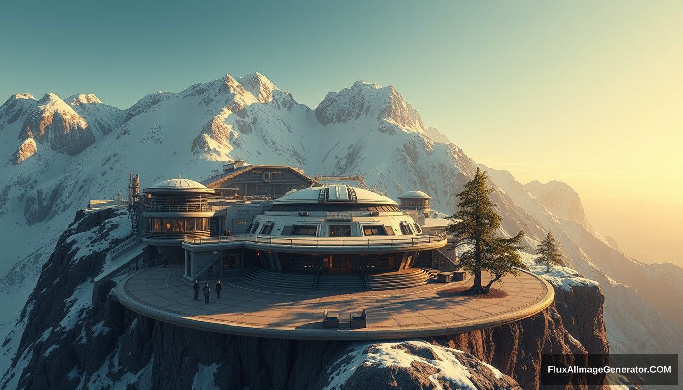 Cel-shaded art, wide shot, 45-degree angle shot, a sci-fi center on top of a snow mountain, open air, close look, cyberpunk, military base, Star Wars style, indoor, patio, morning, sunlight, fortress, mountain, rock, snow, tarmac, parking apron, cave, tree, landing field, cliff, round shape, tower. - Image