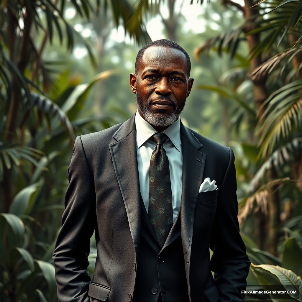 hyper realistic picture of an African man wearing a suit, standing in the middle of the jungle