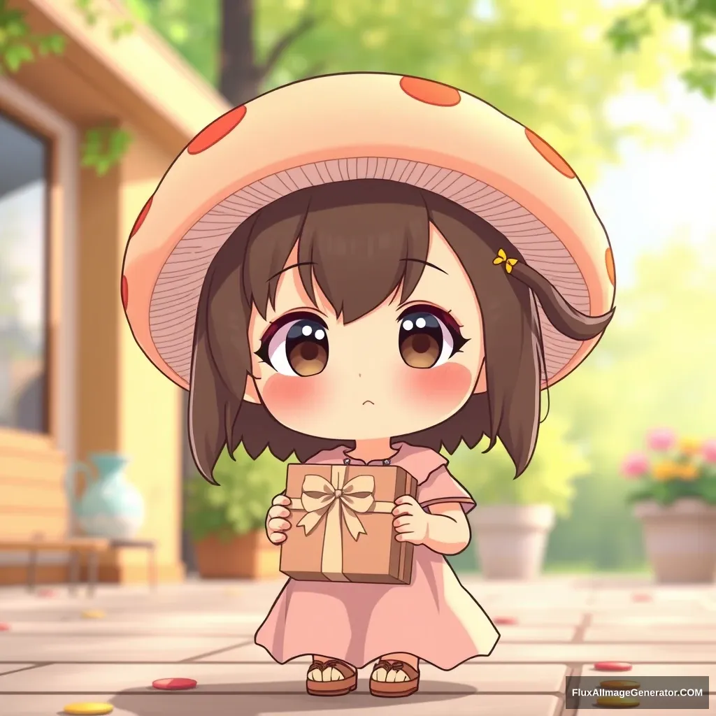 A little girl with a very cute appearance, a larger proportion of head, holding a snack gift box, in 3D, anime, and chibi style, with a mushroom hairstyle, wearing a dress, set against a background of the beginning of summer.