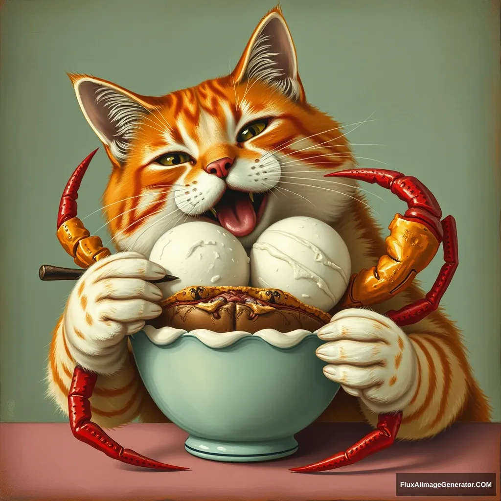 Cat eating ice cream made with whole crab Art Deco Art Style