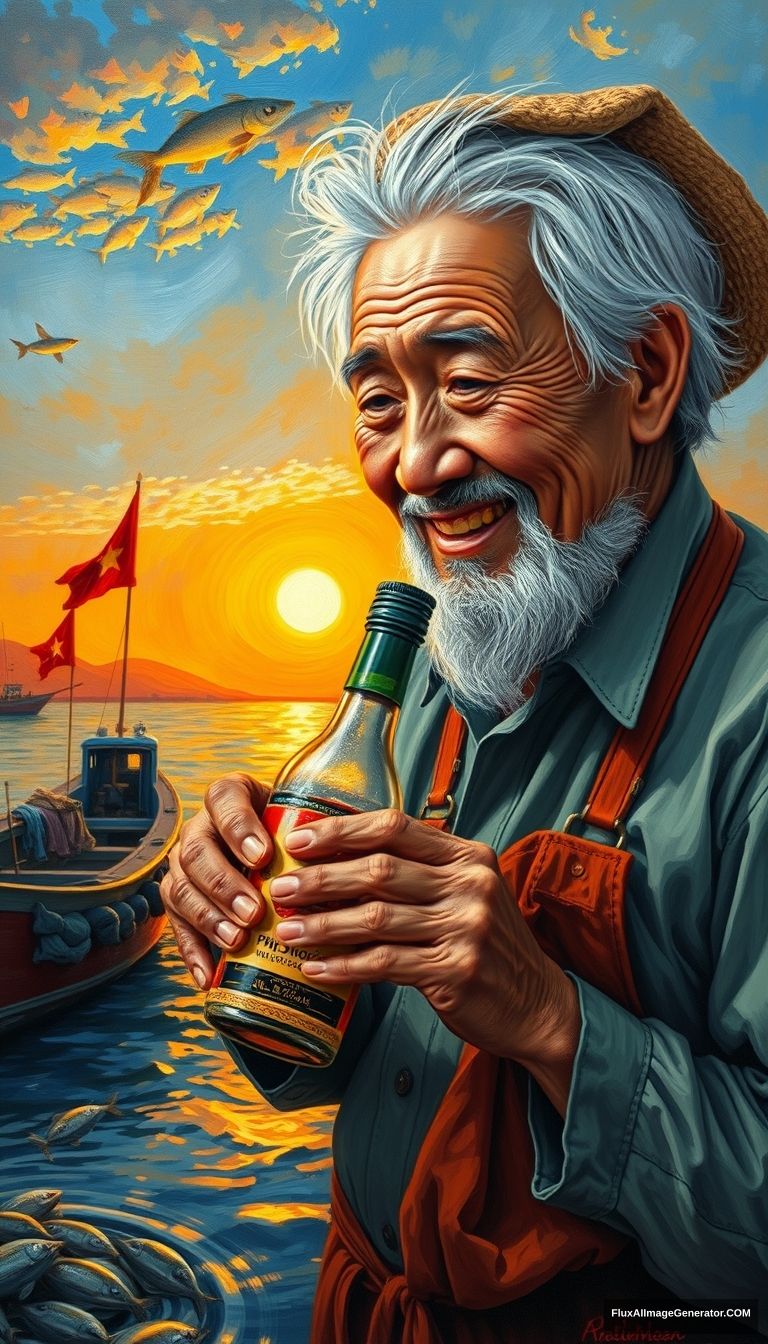 Sharp, detailed oil painting in Van Gogh style of a smiling elderly Vietnamese man with silver hair and a weathered face, wearing traditional áo bà ba and farmer's clothing, holding a bottle of Phú Quốc fish sauce and looking at it. Background: warm sunset over the sea, fishing boats with Vietnamese flags, anchovies jumping above warm, glistening water, no hat, wide view.