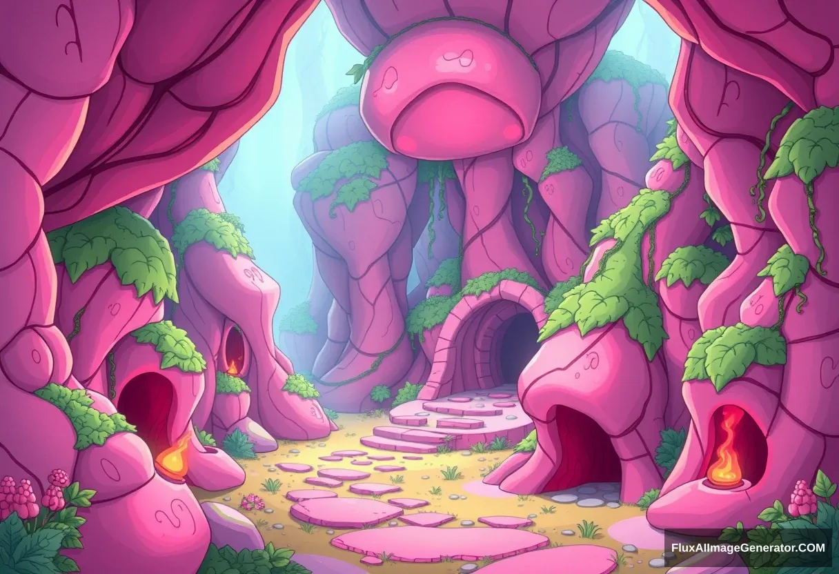 A bio-organic pink dungeon in Zelda cartoon.